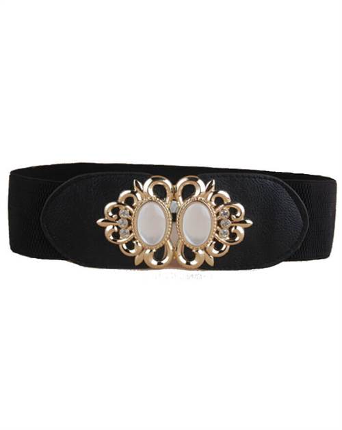 Bredt sort elastikbælte med hvide opal sten