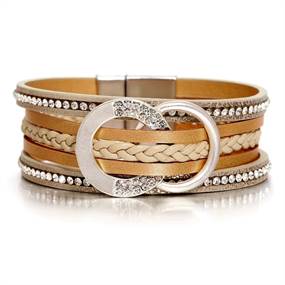 Beige dobbelt cirkel rhinsten flettet læder armbånd