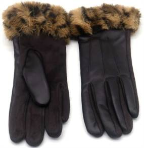 Brune imiteret læder handsker med leopardmønstret kunstpels