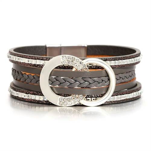 Grå dobbelt cirkel rhinsten flettet læder armbånd