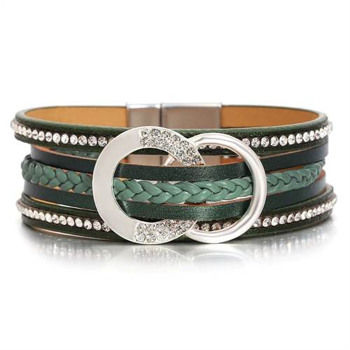 Grøn dobbelt cirkel rhinsten flettet læder armbånd
