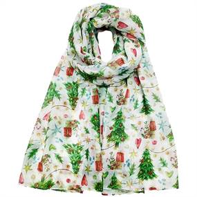 Hvidt juletørklæde med juletræer og pakker