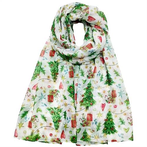 Hvidt juletørklæde med juletræer og pakker