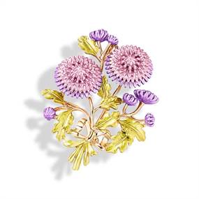 Lilla blomsterbuket m. grønne blade broche