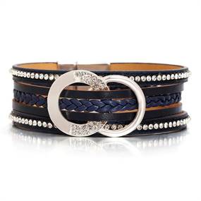 Mørkeblå dobbelt cirkel rhinsten flettet læder armbånd