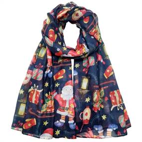 Mørkeblåt juletørklæde med julemænd og gaver