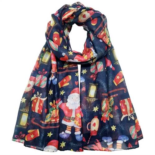 Mørkeblåt juletørklæde med julemænd og gaver