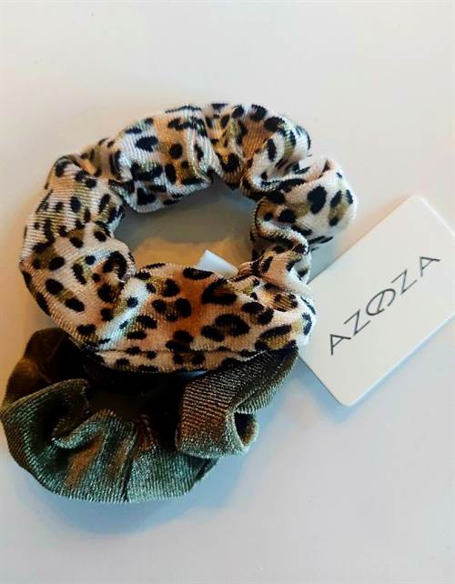 Mosgrøn og leopard - velour scrunchies
