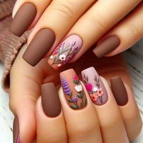 Press on negle - brun og blomsterdesign