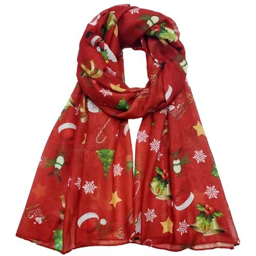 Rødt juletørklæde med julemotiver