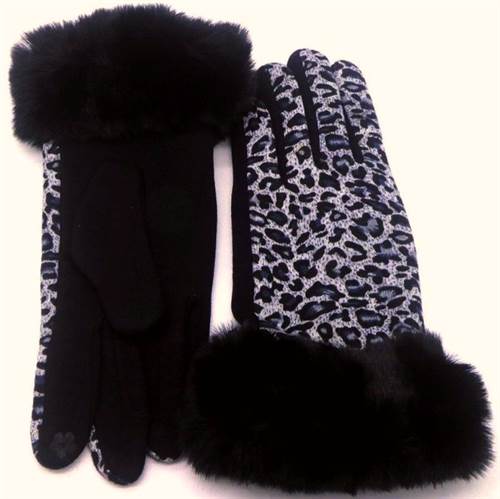 Grå/sort leopardmønstrede handsker m. kunstpels
