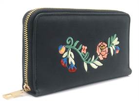Sort pung m. broderede blomster