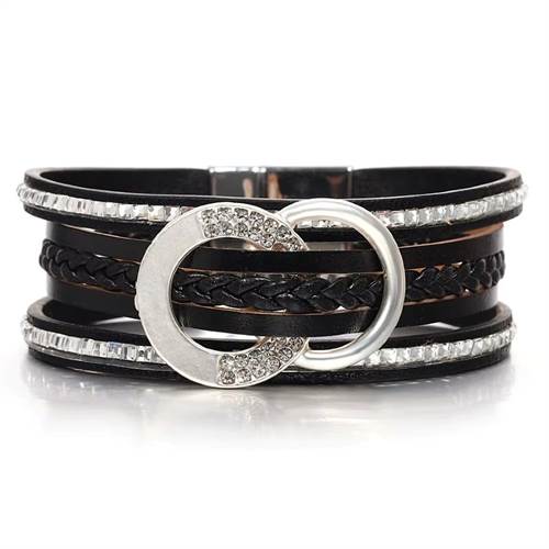 Sort dobbelt cirkel rhinsten flettet læder armbånd