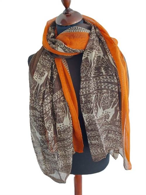 Tørklæde med rådyr print, brun/orange