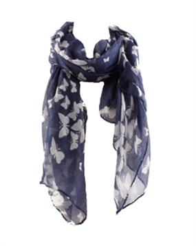 Køb sommerfugletørklæde i blå og hvid online
